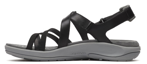 A black sandal with multiple straps and a gray sole.