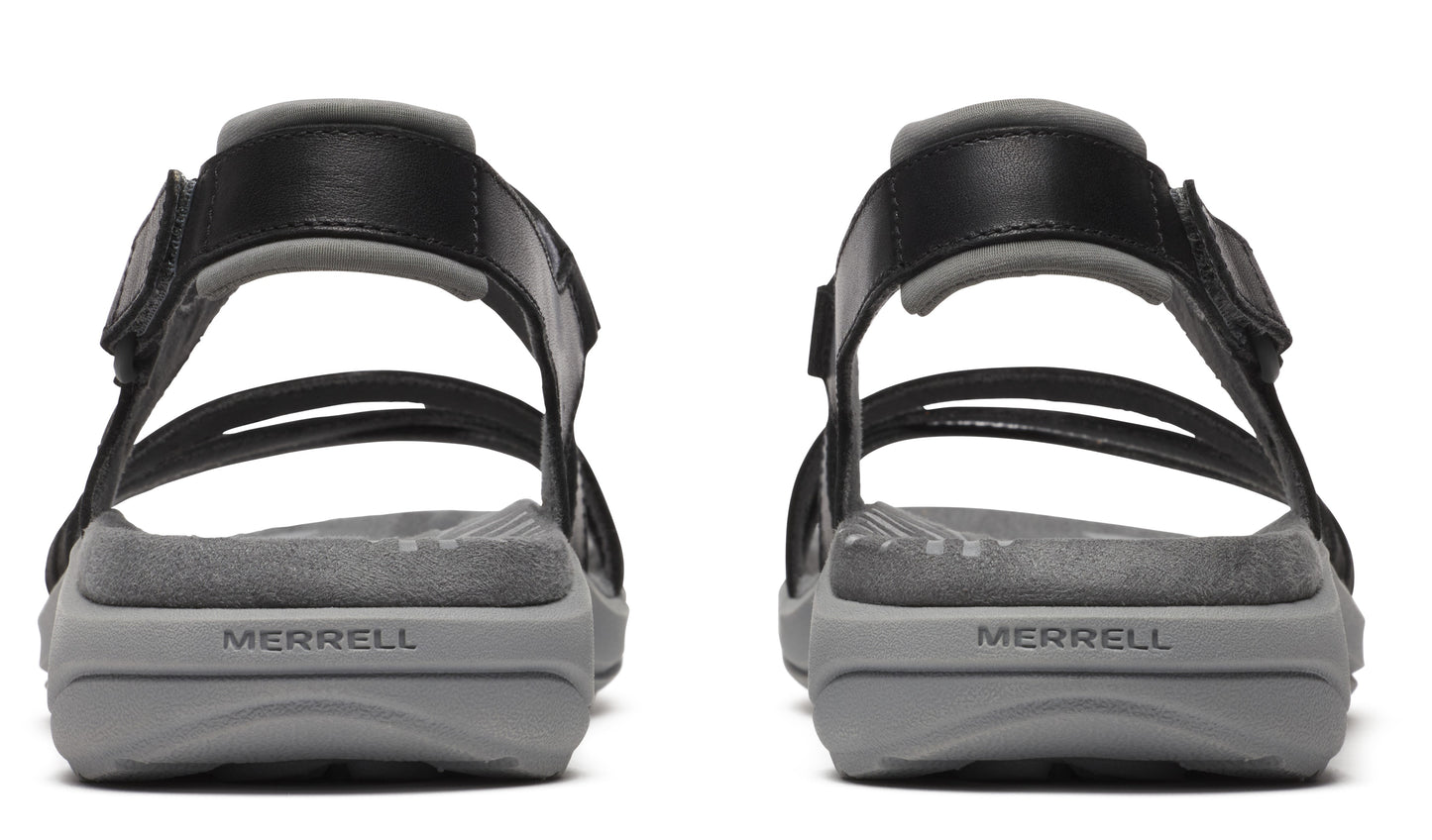 Rear view of two black sandals with grey trim and two straps each.