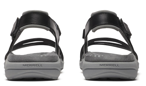 Rear view of two black sandals with grey trim and two straps each.