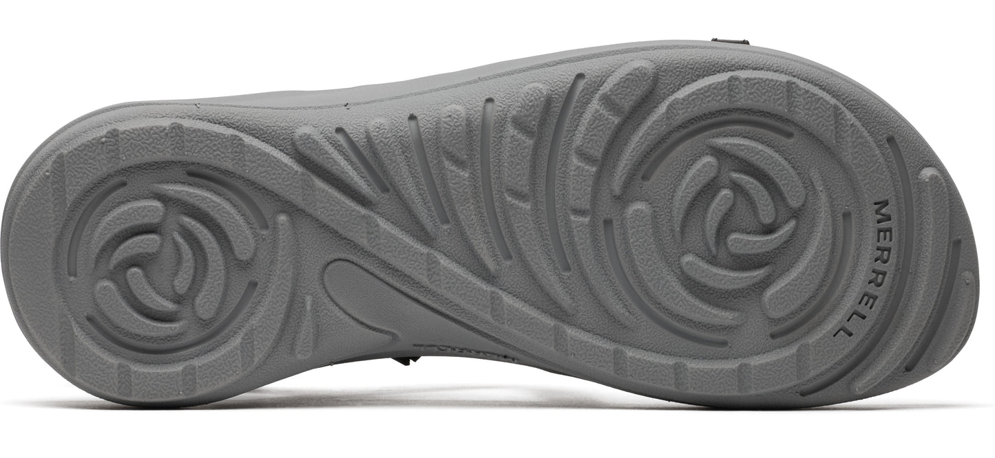 Close-up of a gray sole with a circular pattern and the word MERRELL.