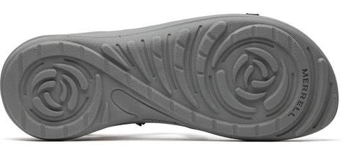 Close-up of a gray sole with a circular pattern and the word MERRELL.