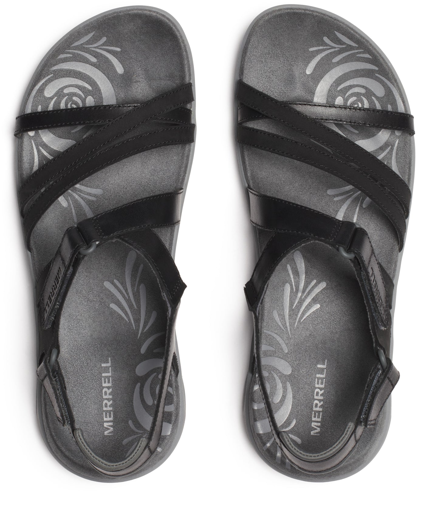 A pair of flat, open-toe sandals with black straps and floral detailing inside.