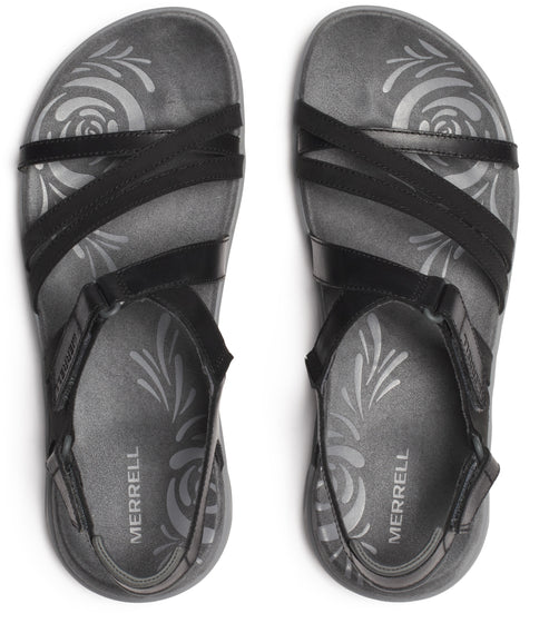 A pair of flat, open-toe sandals with black straps and floral detailing inside.
