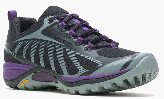 Athletic shoe with black mesh upper, grey overlays, purple laces and sole.