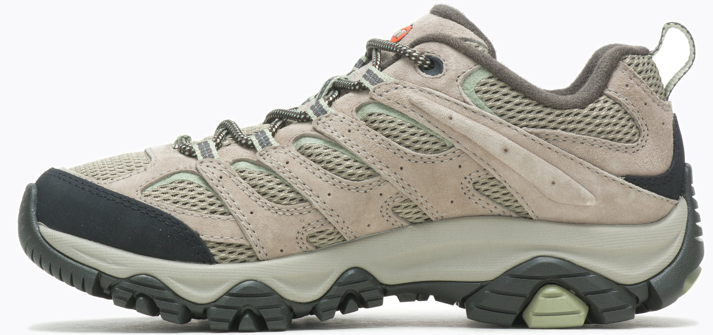 A tan hiking shoe with a dark sole and toe.