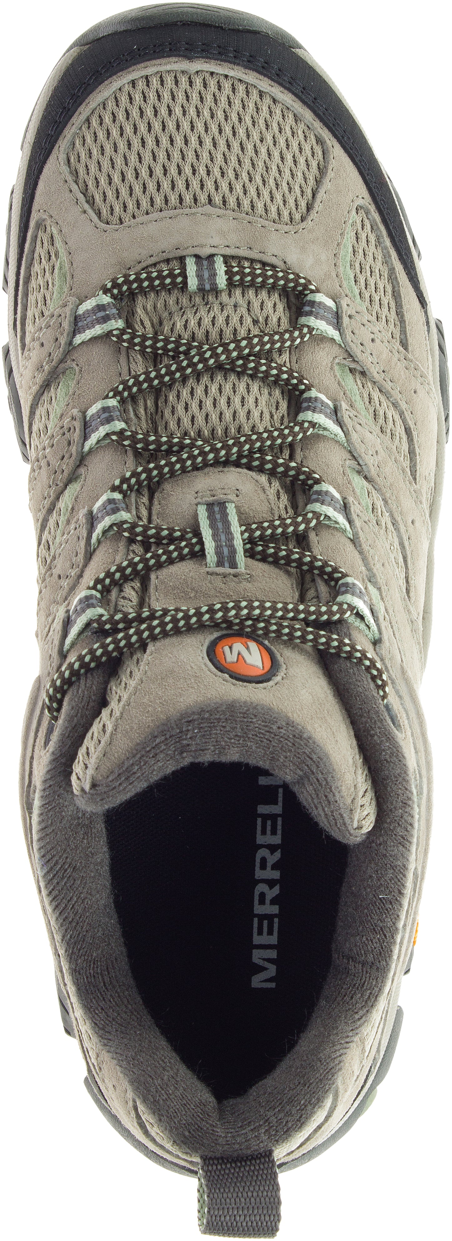 Tan hiking shoe featuring a mesh upper and striped laces.