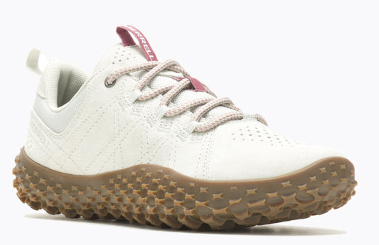Off-white women's sneaker featuring textured brown sole, perforated pattern, and mauve laces.