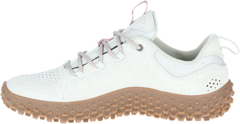 Low-top athletic shoe in white, with a tan textured rubber sole and pale purple laces.