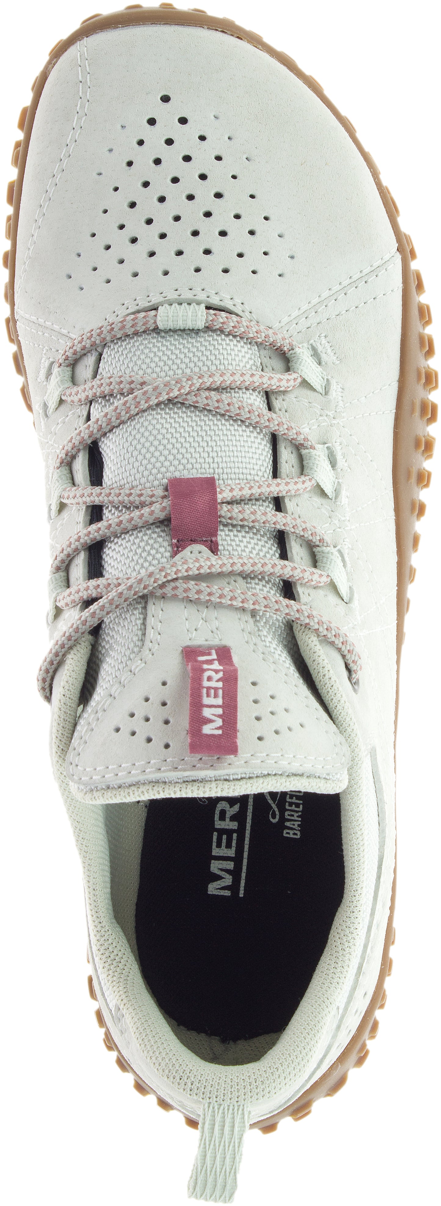 Top-down view of a light green sneaker with brown soles, laces, perforated toe, and Merrell logo.
