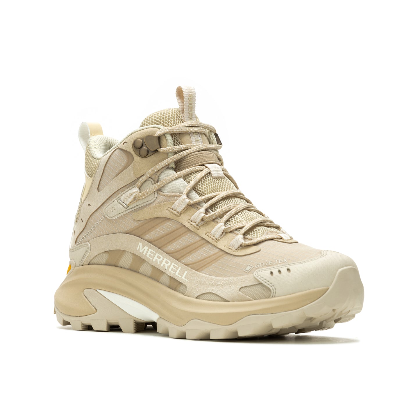 Tan high top hiking shoe with thick rugged sole and 'MERRELL' logo.
