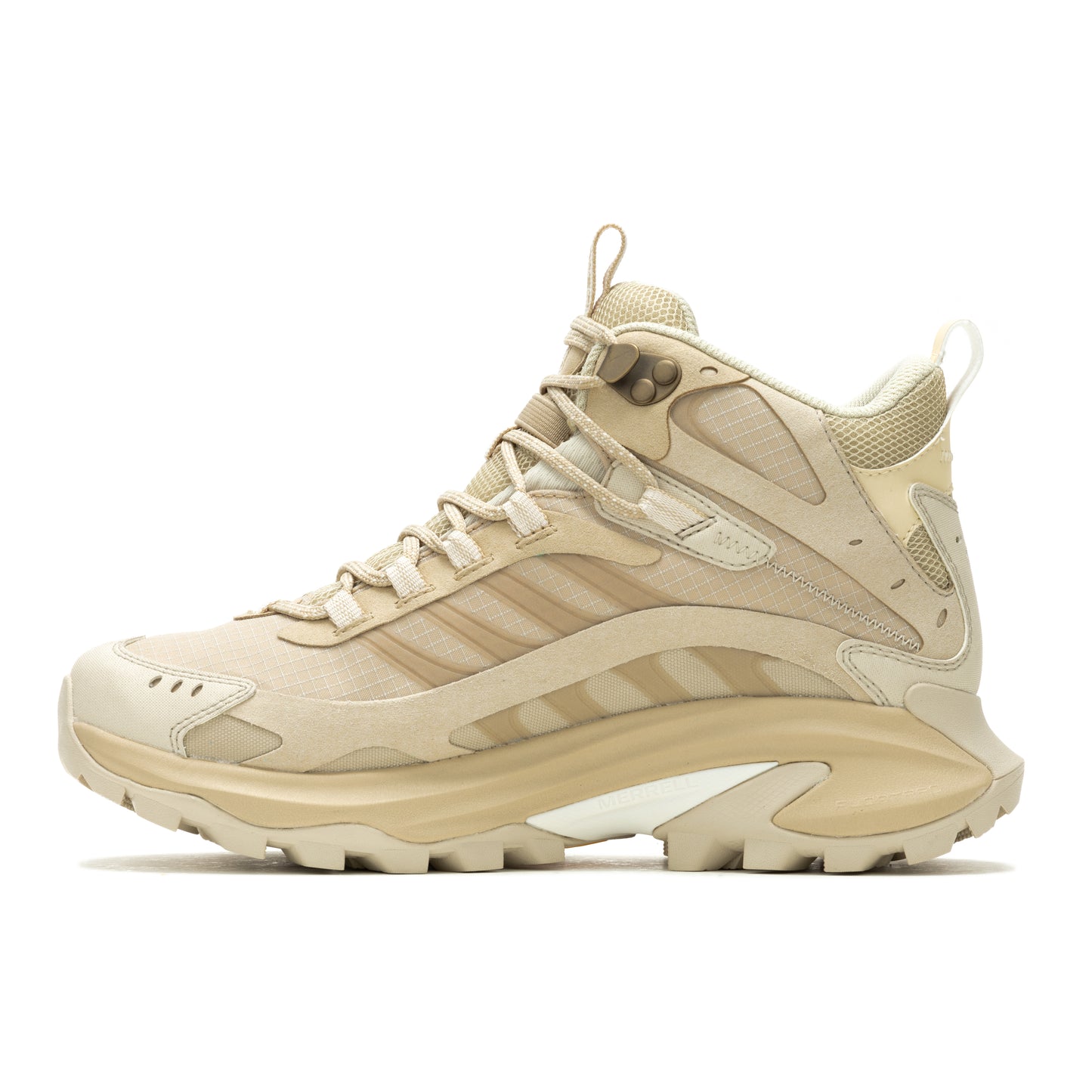 Tan-colored hiking boot with tan laces and ridged outsole.