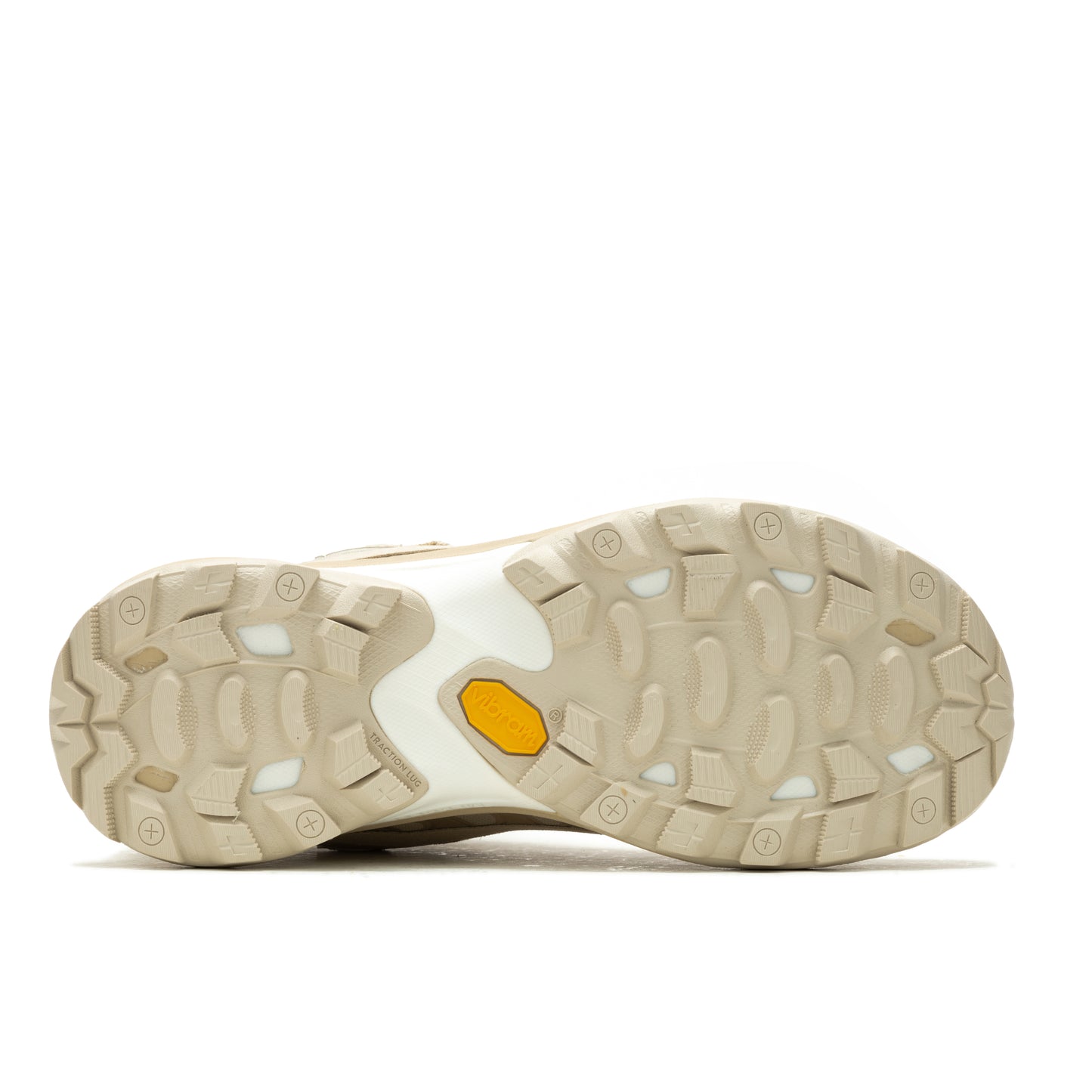 Tan shoe sole with repeating tread patterns and a yellow hexagon.