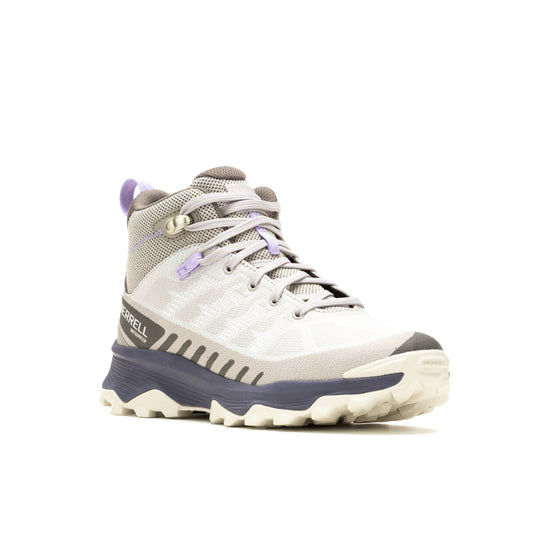Hiking boot, gray mesh upper, lavender accents, gray midsole, and cream outsole.