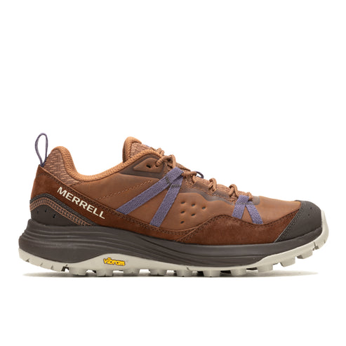 A brown leather hiking shoe with purple accents and the word MERRELL.