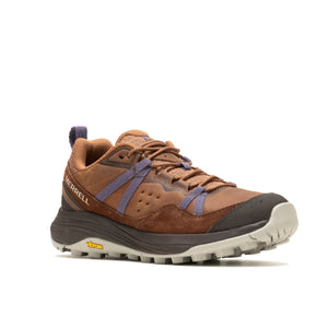 A brown low top hiking shoe with purple accents.