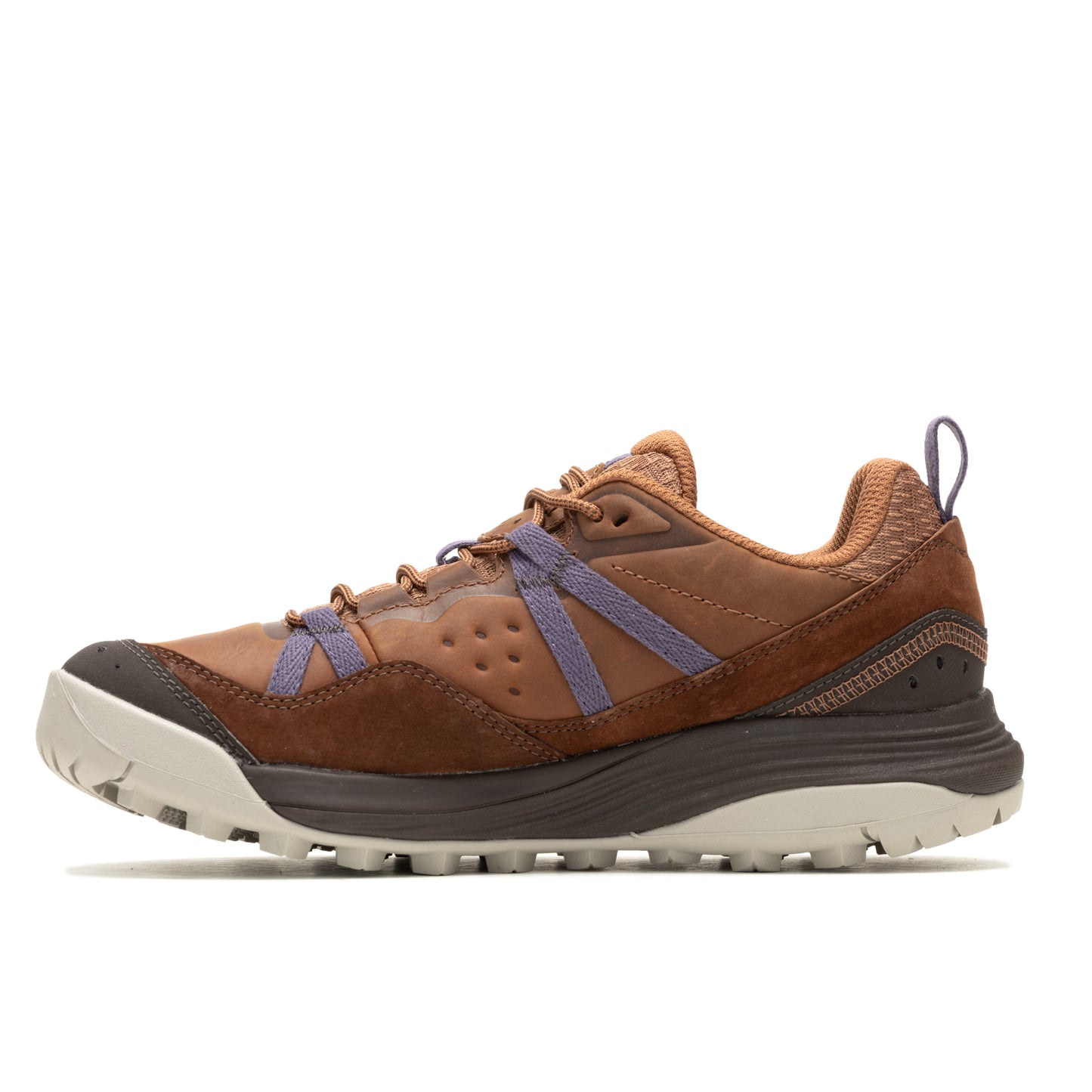 A brown trail running shoe with purple accents and a thick sole.