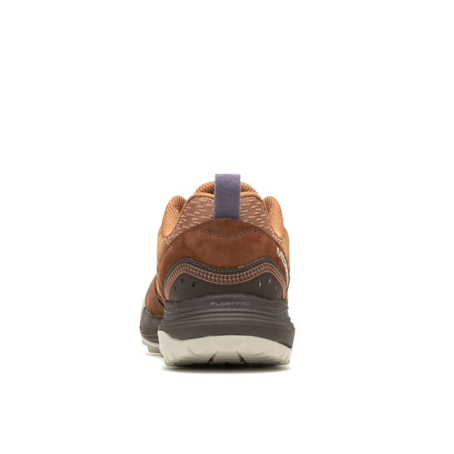 Eye-level view of a brown, nubuck leather shoe featuring dark brown paneling around the heel and a thick light grey sole.