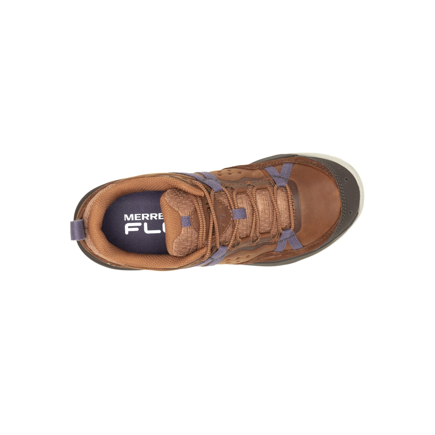Overhead view of a brown hiking shoe with laces.