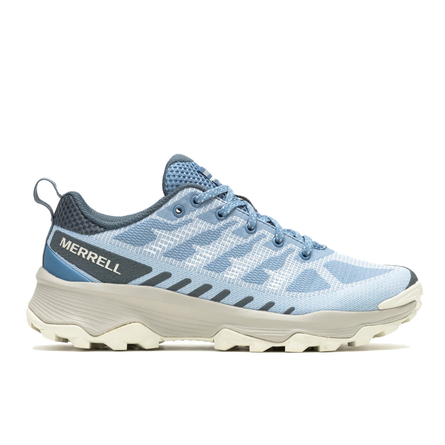 Light blue low-top hiking shoe with white geometric pattern, gray accents, and light gray sole. Visible text: MERRELL.