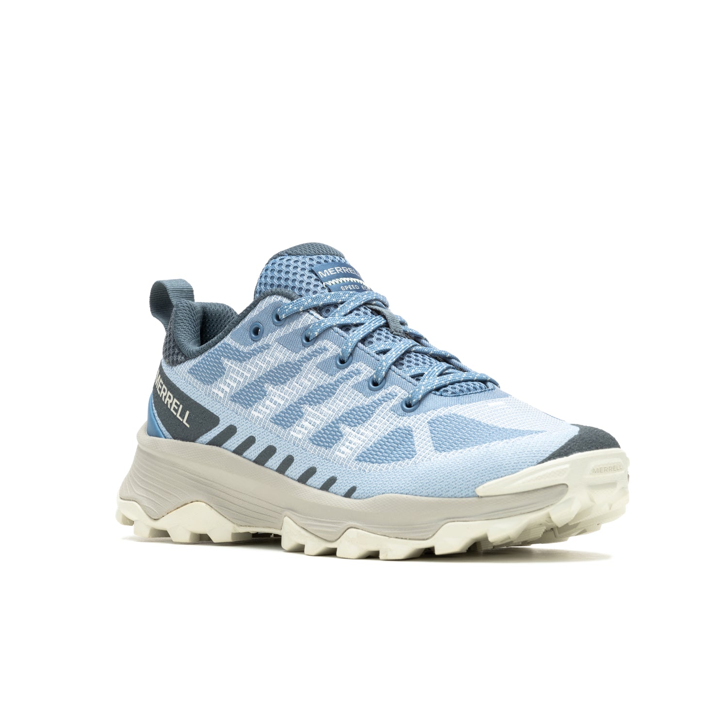 A blue athletic sneaker with gray accents.