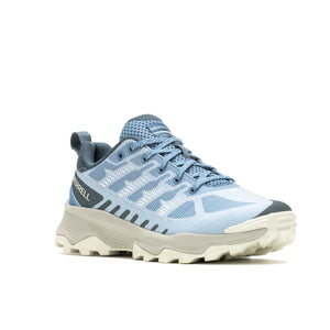 A blue athletic sneaker with gray accents.