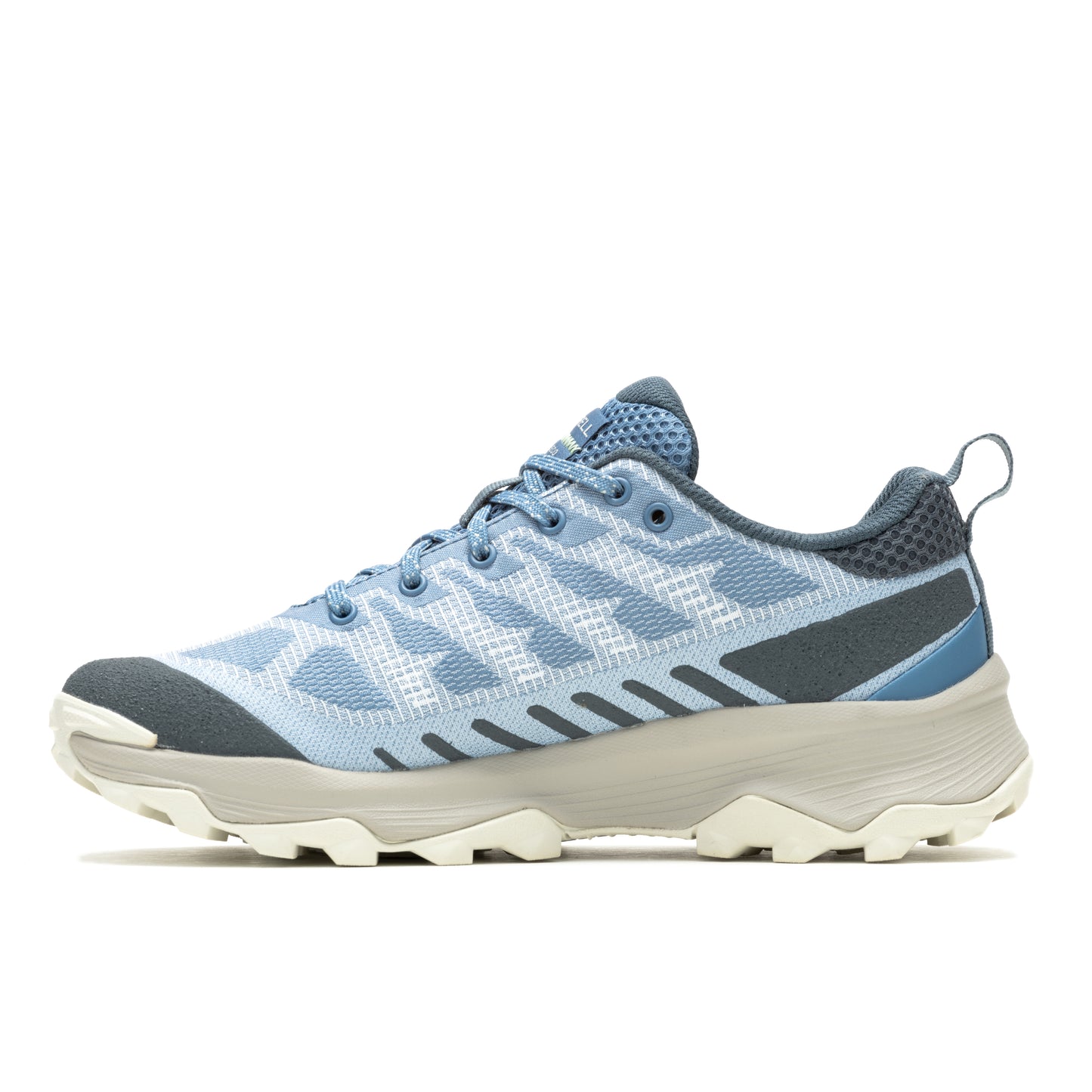 Light blue trail running shoe with light gray soles and dark gray accents.