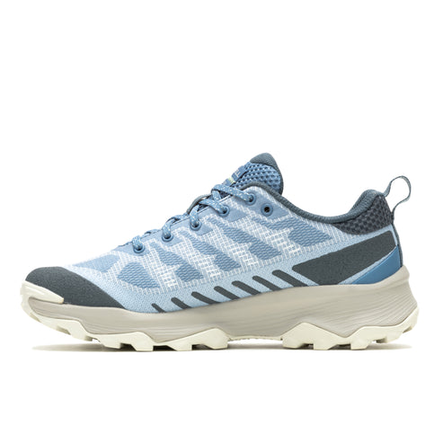 Light blue trail running shoe with light gray soles and dark gray accents.