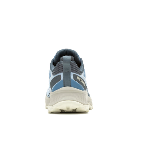 Back view of a blue and gray athletic shoe with a textured beige sole.