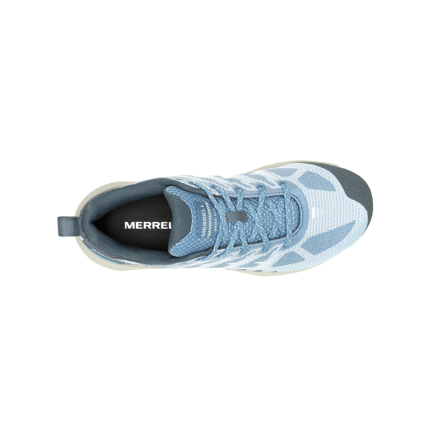 Overhead view of a blue and gray athletic shoe with "MERRELL" printed on the insole.