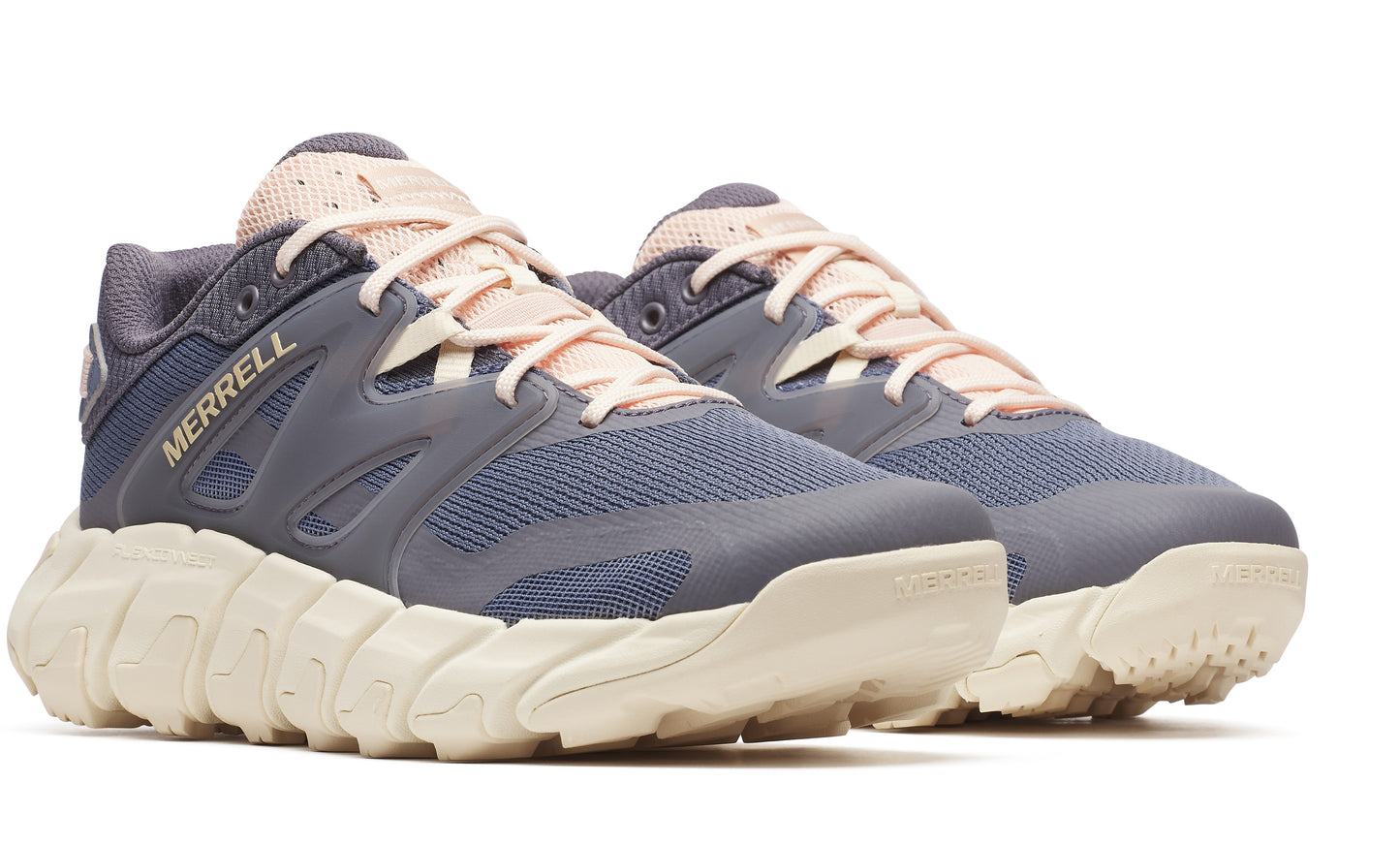 Pair of trail running shoes with gray mesh upper, cream-colored midsole, and light pink laces, showing 'MERRELL' on the side.