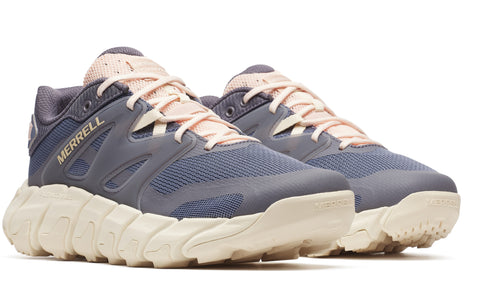 Pair of trail running shoes with gray mesh upper, cream-colored midsole, and light pink laces, showing 'MERRELL' on the side.