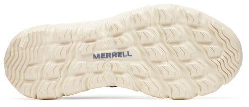 Beige shoe sole with tread, and the word MERRELL printed in the center.