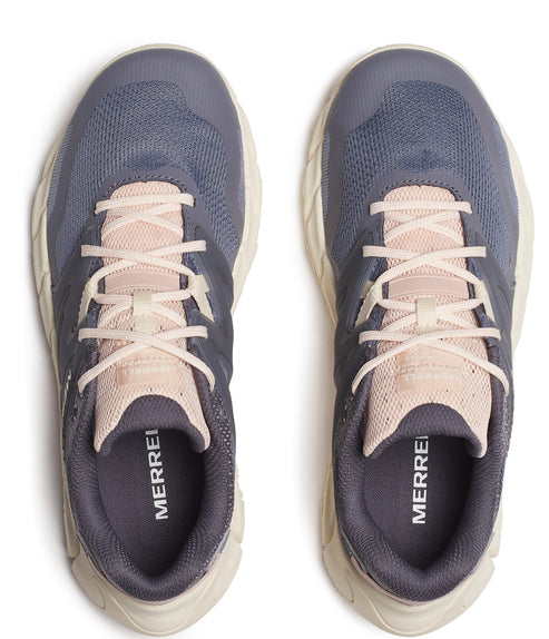 Top-down view of two running shoes, grey body, light pink laces and tongue, ivory sole and detailing.