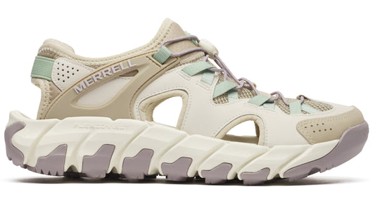 Beige water shoe with a thick grey and cream sole, beige and green accents, and bungee cord laces.