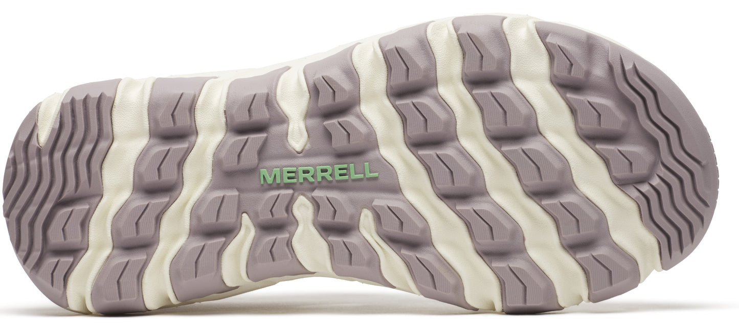 A shoe sole with a repeating light and dark wavy pattern and the word MERRELL in the center.