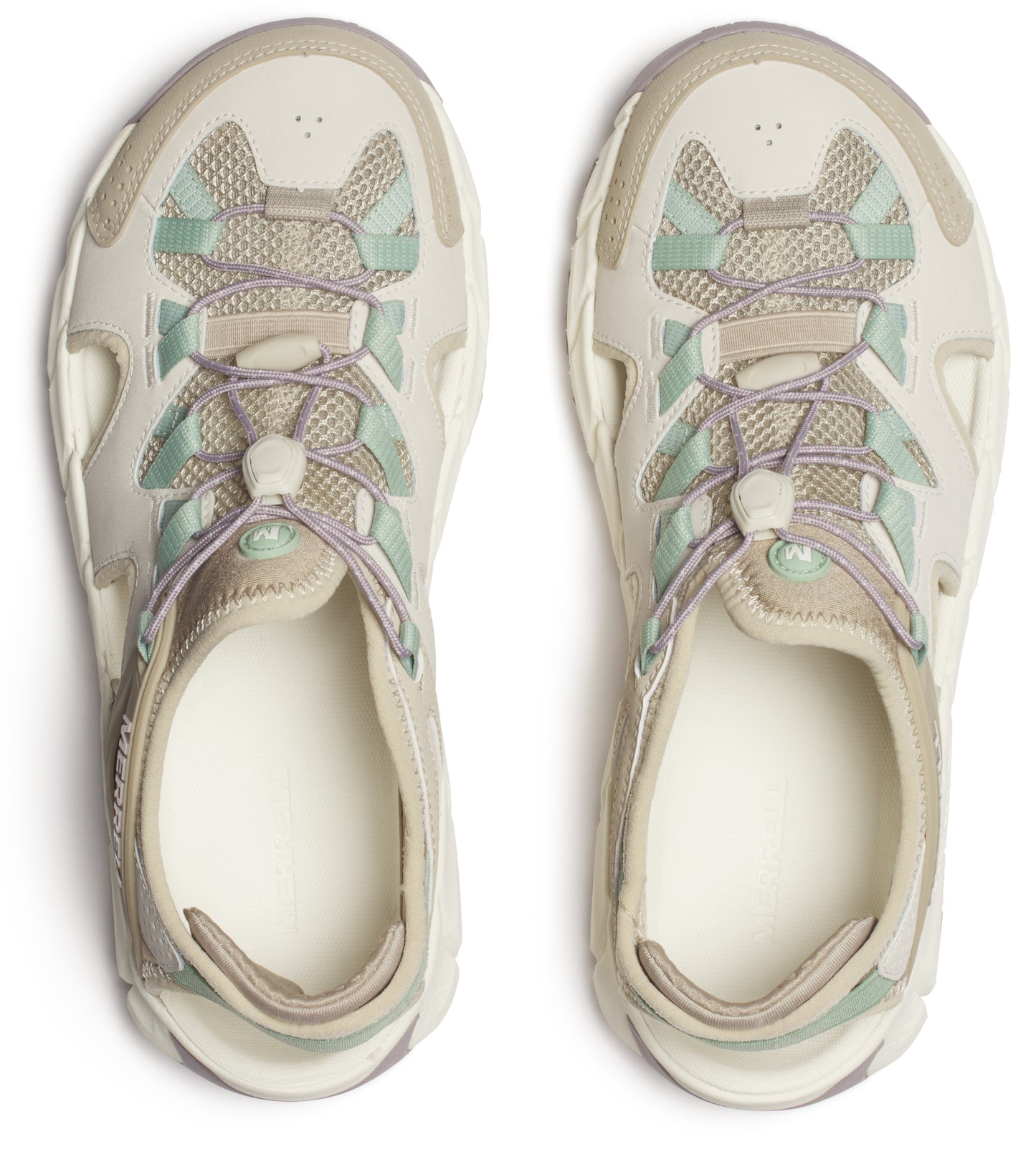 A pair of beige sandals with pale purple laces and mint green mesh.