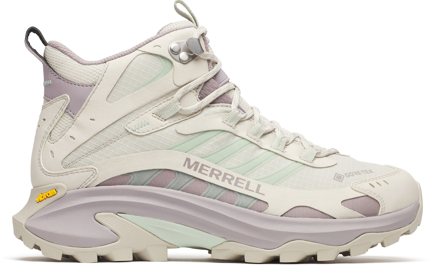 Hiking boot with a rugged sole, GORE-TEX marking, and the word MERRELL printed on its side.