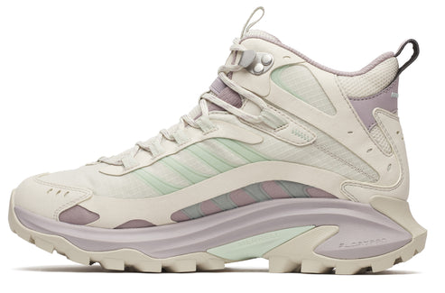 Light beige and lavender hiking boot with a rugged outsole.