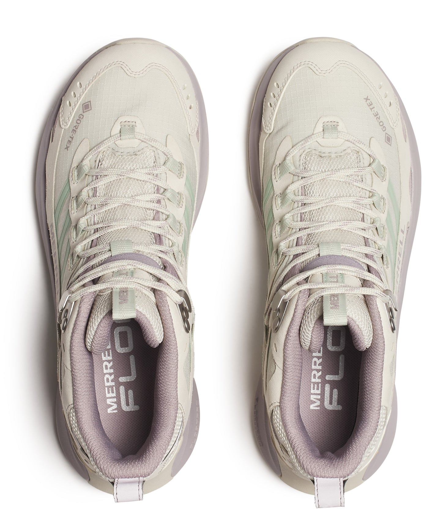 Two off-white hiking shoes with GORE-TEX branding, laces, and FLOW text on the inner sole.