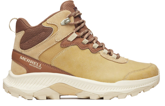 Tan and brown hiking boot with a waterproof logo.