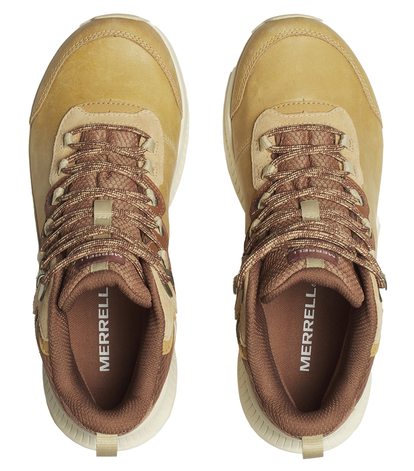 Pair of tan high-top hiking boots with brown laces, side zippers, and "MERRELL" printed on the insoles.