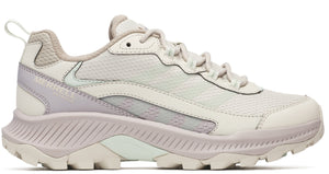Beige athletic shoe with lavender heel, textured sole and "MERRELL" text.