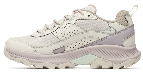 Off-white low-rise trail running shoe with a lavender accent.