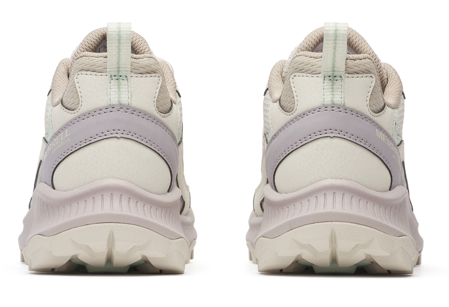 Pair of beige running shoes from the back showing the thick soles and rear support