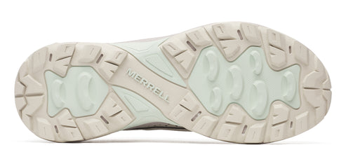 The shoe sole is visible, featuring the word "MERRELL" on the side and a light green patterned center.