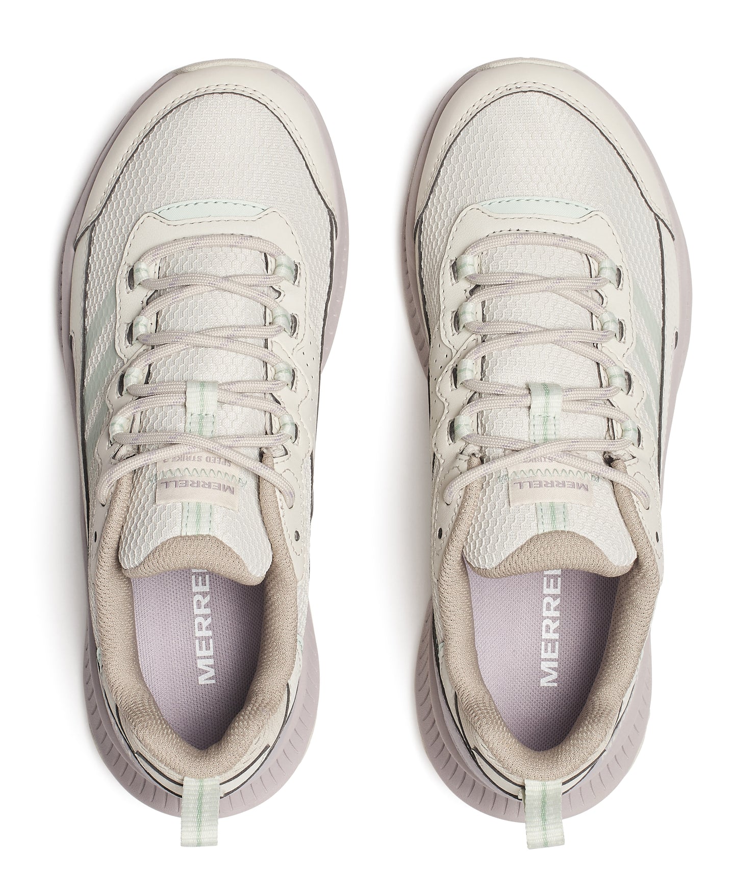 Top-down view of two light beige athletic shoes with visible laces and the text 'MERRELL' inside.