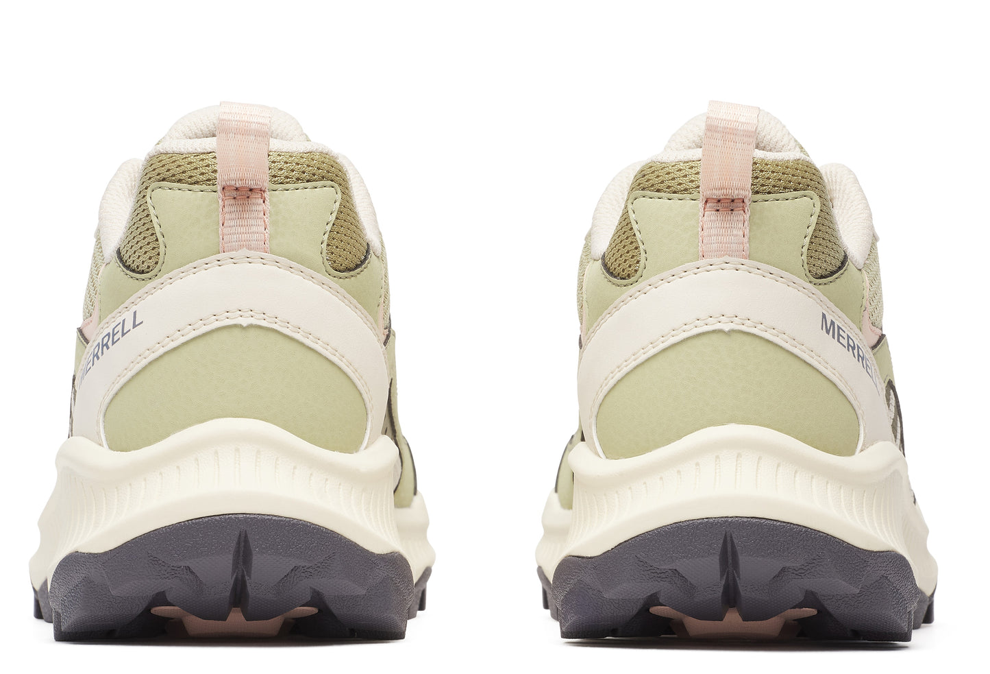 Back view of two neutral-colored trail running shoes with heel tabs and text reading 'MERRELL'.