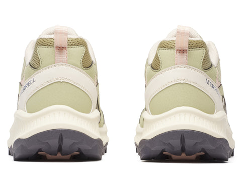 Back view of two neutral-colored trail running shoes with heel tabs and text reading 'MERRELL'.