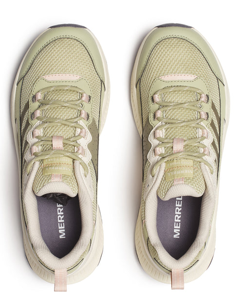 Overhead view of two light green mesh sneakers with cream laces.