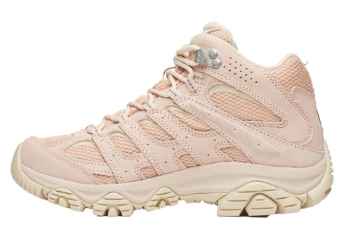 Beige mid-rise hiking boot with a rubber lug sole and mesh paneling.